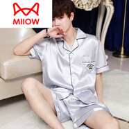 貓人（MiiOW）男士睡衣夏季夏款絲綢真絲家居服短袖短褲夏天可外穿男款大碼套裝 SC男款雙短皇冠灰色 3XL (170-190斤)