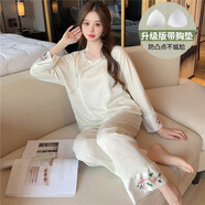 WANKOU長(zhǎng)袖睡衣女2025春夏新國(guó)風(fēng)中式睡衣冰絲綢春秋感刺繡家居服套裝女 (草綠) XL 建議（115-130斤）