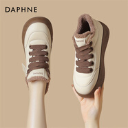 達芙妮加絨加厚棉鞋女冬季新款時(shí)尚百搭休閑鞋女運動(dòng)厚底面包鞋板鞋女 米咖色厚絨 35
