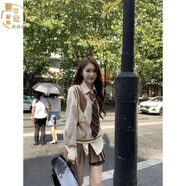 蔓草寇套裝女春秋款顯瘦學院風女裝套裝英倫風英倫學院風無袖撞色菱 卡其色百褶 S