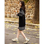 德瑪納立領(lǐng)纖絨紗撞色提花連衣裙女中長(cháng)款 黑色 XL