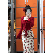 銘佳玲法式木耳邊方領(lǐng)圣誕紅色針織打底衫女秋冬內搭毛衣氣質(zhì)感名媛上衣 紅色上衣 M