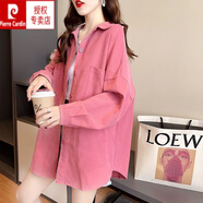 皮爾卡丹（pierre cardin）春秋襯衫女新款韓范寬松百搭牛仔襯衣中長款長袖早春女士外套上衣 粉紅色 L 【建議110-130斤】