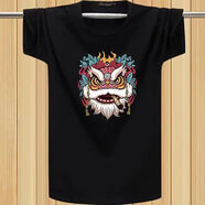 嘉曄（JIAYE）中國(guó)風(fēng)醒獅圓領(lǐng)短袖t恤男夏季短T舞獅印花T恤休閑百搭上衣 大獅子頭黑色 L