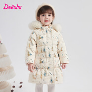 笛莎（DEESHA）童裝女童圣誕花版毛領(lǐng)羽絨服2024冬季新款女寶寶三防保暖中長(cháng)外套 米色印花B5 90cm