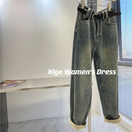 加絨復古顯瘦遮胯高腰老爹牛仔褲女冬季保暖寬松哈倫褲潮 淺色(單褲) S