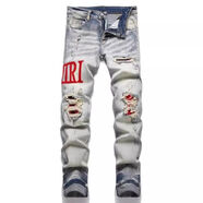 美式高街刺繡牛仔褲男修身直筒彈力百搭破洞乞丐褲休閑顯瘦長褲子 藍色 M