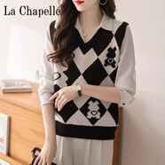 拉夏貝爾（La Chapelle）復古菱格卡通春減齡羊毛針織背心馬甲女外搭秋冬毛衣坎肩馬夾 純100自動(dòng)發(fā)熱黑色 純100自動(dòng)發(fā)熱S碼 建議85--95斤