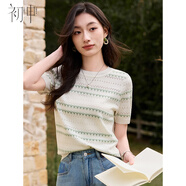 初申春夏短袖針織T恤女時尚圓領(lǐng)清爽條紋通勤休閑針織衫上衣S52T033
