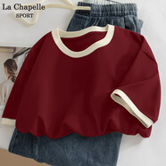 La Chapelle Sport拉夏貝爾短袖t恤女夏季休閑簡約風(fēng)撞色寬松純棉舒適時尚打底衫女 酒紅色(空白) M /160(推薦100-115斤)
