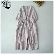 弄堂里氣質(zhì)高級感亞麻刺繡連衣裙女士夏季新款日系寬松a字裙顯瘦長裙子 香芋色 均碼