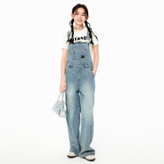 樂(lè )町【商城同款】繡花牛仔背帶褲新款休閑闊腿褲子C2HAE3141 淺牛仔藍 M