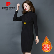 皮爾卡丹秋冬半高領(lǐng)中長(zhǎng)款套頭毛衣女韓版修身毛衣裙春秋厚款羊毛針織打底 黑色(加絨加厚) 2XL(125-140斤)