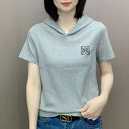 東方鴨純棉時尚短袖T恤女夏季新款寬松百搭帶帽休閑韓版流行ins衛(wèi)衣 灰色/四葉草 2XL 建議130-145斤