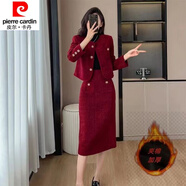 皮爾卡丹（pierre cardin）23年新款冬季套裝一整套新款小香風(fēng)套裝裙兩件套冬套裝女 紅色【夾棉加厚】 2XL 【建議125-135】