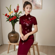 玫芙娜旗袍修身顯瘦氣質(zhì)酒紅色繡花旗袍中長(zhǎng)款中國(guó)風(fēng)喜婆婆婚宴時(shí)尚禮服 酒紅色短袖 4XL