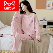 貓人（MiiOW）品牌秋天長(zhǎng)袖長(zhǎng)褲女生睡衣睡褲套裝分體春秋款大童女孩初中生純棉 長(zhǎng)袖 T001粉笑臉 M 女【80-95斤】
