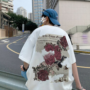 Tim Peake玫瑰印花短袖t恤男款夏季新款oversize美式復(fù)古潮牌體恤 1127 白色 XL