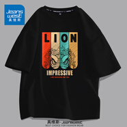 真維斯（JEANSWEST）夏季短袖t恤男士純棉打底衫潮牌半袖上衣服大碼寬松休閑國潮男裝 黑色 四色醒獅 XL(推薦130-150斤)