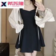希蘇隆松本喪喪 純色甜美溫柔風(fēng)交叉綁帶吊帶裙少女感收腰超顯瘦連衣裙 白色開(kāi)衫黑色連衣裙短款【兩件套】 L 【建議12135斤】