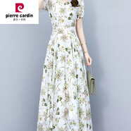 皮爾卡丹（pierre cardin）法式高級感雪紡連衣裙女2024新款夏裝過膝碎花長裙a字大擺裙 白綠花 2XL 125-135斤