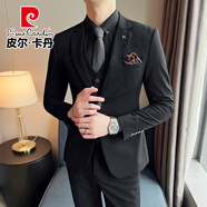 皮爾卡丹（pierre cardin）新郎西服套裝男士商務(wù)職業(yè)正裝結(jié)婚禮服痞帥休閑修身大碼西裝男 LJT9889黑色兩件套(西服+西褲) L 身高160-175\體重110-120斤