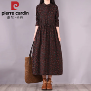 皮爾卡丹專(zhuān)柜大牌女小清新碎花亞麻長(cháng)裙長(cháng)袖加絨加厚棉麻連衣裙 咖啡色_（仿舊款介意勿拍）常規 L 建議110-125斤