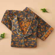 棉花詠女士休閑居家服四季款純棉長(cháng)袖睡衣薄款全棉雙層紗布家居服套裝 灰底樹(shù)葉 4XL碼（適合155-170斤）