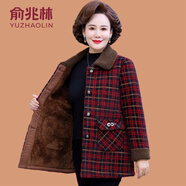 俞兆林（YUZHAOLIN）媽媽冬裝格子仿金貂絨外套中老年女裝加絨加厚中長款翻領(lǐng)毛呢大衣 酒紅色 2XL (參考100-115斤)