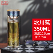 然也鈦玻璃杯子雙層隔熱防燙泡茶杯純鈦茶隔純鈦杯蓋耐高溫水杯 冰川藍(lán) 雙層隔熱 純鈦茶隔 350ml
