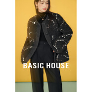 Basic House/百家好復古提花毛毛拼接羽絨服圓領(lǐng)加厚外套冬季保暖 灰色 XL