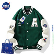 NASA LIKE官方外套春秋季美式毛巾繡棒球服男女情侶撞色拼接飛行員男士夾克 綠色 5XL （建議180-200斤）
