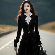 俞邁歐美風(fēng)格女裝高級感時尚V領(lǐng)撞色拼接絲絨連衣裙女秋冬季新款收腰 黑色 S