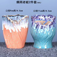 LZJV粗陶花盆多肉花盆老樁陶瓷大號肉肉植物大口徑粗陶手繪盆透氣 煙雨老樁2件套 陶瓷 中等