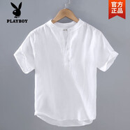 花花公子（PLAYBOY）復(fù)古亞麻短袖t恤男薄款寬松夏季新款男士棉麻T恤半袖上衣休閑潮 白色高質(zhì)量 2XL 建議131-145斤