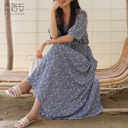 百洛安法式V領(lǐng)碎花連衣裙女2025夏季新款短袖顯瘦長裙子a字大擺裙 藍色 XL