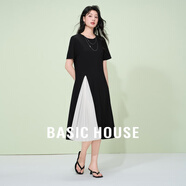 Basic House/百家好撞色休閑夏季新款褶皺開叉設(shè)計(jì)感短袖連衣長(zhǎng)裙 黑色 S