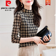 皮爾卡丹（pierre cardin）半高領(lǐng)千鳥格網(wǎng)紗打底衫女2025春款休閑通勤長袖T恤內(nèi)搭顯瘦上衣 圖片色 L 110-120斤