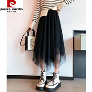 皮爾卡丹（pierre cardin）半身裙夏季女百褶裙不規則中長(cháng)款網(wǎng)紗裙大擺垂感a字裙設計感半裙 經(jīng)典黑 均碼 (建議體重80斤-150斤)