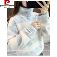 皮爾卡丹（pierre cardin）高中生條紋加絨毛衣女款冬加厚高領(lǐng)水貂絨初中生女孩保暖內(nèi)穿上衣 藍色 【高領(lǐng)條紋】 XL 【115-130斤】