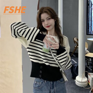 FSHE時(shí)髦秋冬新款獨(dú)特設(shè)計(jì)感針織衫收腰顯瘦條紋毛衣女內(nèi)搭打底衫上衣 撞色條紋 L [建議105斤-120斤]