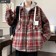 JEEP SPIRIT大碼300斤秋冬加棉加厚格子外套男連帽假兩件保暖棉衣小香風(fēng)夾克 酒紅色【甄選好物】 2XL建議125-140斤