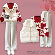 伊琦蕾秋冬套裝女2025新款棉服馬甲外套配紅色毛衣顯瘦百搭休閑褲三件套 白馬甲+6658紅毛衣+米褲子 三件套 XL 建議120-140斤