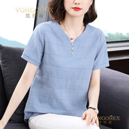 梵喬希品牌定制短袖襯衫女夏寬松純棉襯衣新款休閑翻領(lǐng)上衣 藍色 M