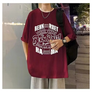 芃跡純棉短袖t恤男士ins潮牌2024新款美式復(fù)古印花體恤痞帥寬松上衣服 酒紅色 2XL