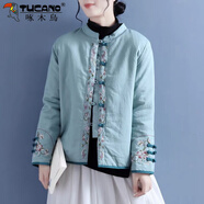 啄木鳥中國風(fēng)棉麻繡花棉服女冬新款復(fù)古盤扣立領(lǐng)對襟棉衣中式厚外套棉服 青綠繡花盤扣小立領(lǐng)棉衣 L【建議110-125斤】