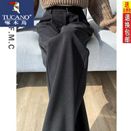 啄木鳥(niǎo)咖啡色毛呢感西裝褲子女秋冬季23新款窄版直筒闊腿褲垂墜感 黑色【常規】 2XL 建議130-140斤