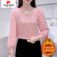 皮爾卡丹（pierre cardin）今年流行的加絨加厚蕾絲打底衫女洋氣顯瘦半高領(lǐng)氣質(zhì)拼接針織上衣 粉色 加絨 3XL 125-135斤