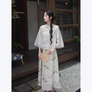 妍莉芬（yanlifen）新中式禪意茶服旗袍套裝女日常改良漢服文藝國(guó)風(fēng)顯瘦溫柔連衣裙夏 青玉色旗袍兩件裝 L