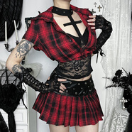 【Darkfashion】亞文化紅格子短裙辣妹風(fēng)亞比上衣搭配半身裙套裝 短裙 歐碼款 S 建議身高160-165 100-115斤